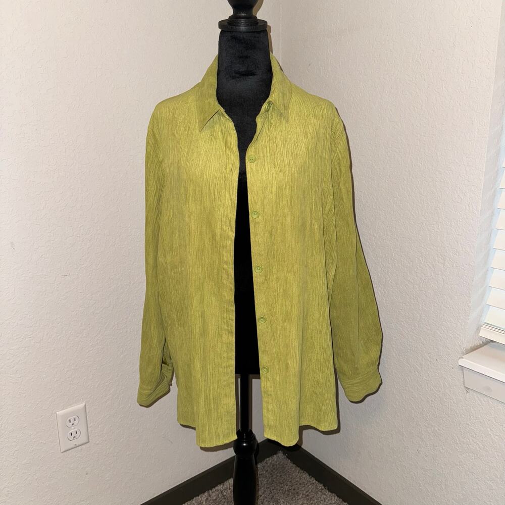 Studio Works Women’s Textured Button Down Shirt Yellow Green Size Large Retro